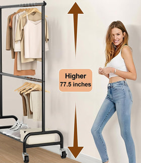 Misslo heavy-duty clothing rack back view with wheels ready for mobility