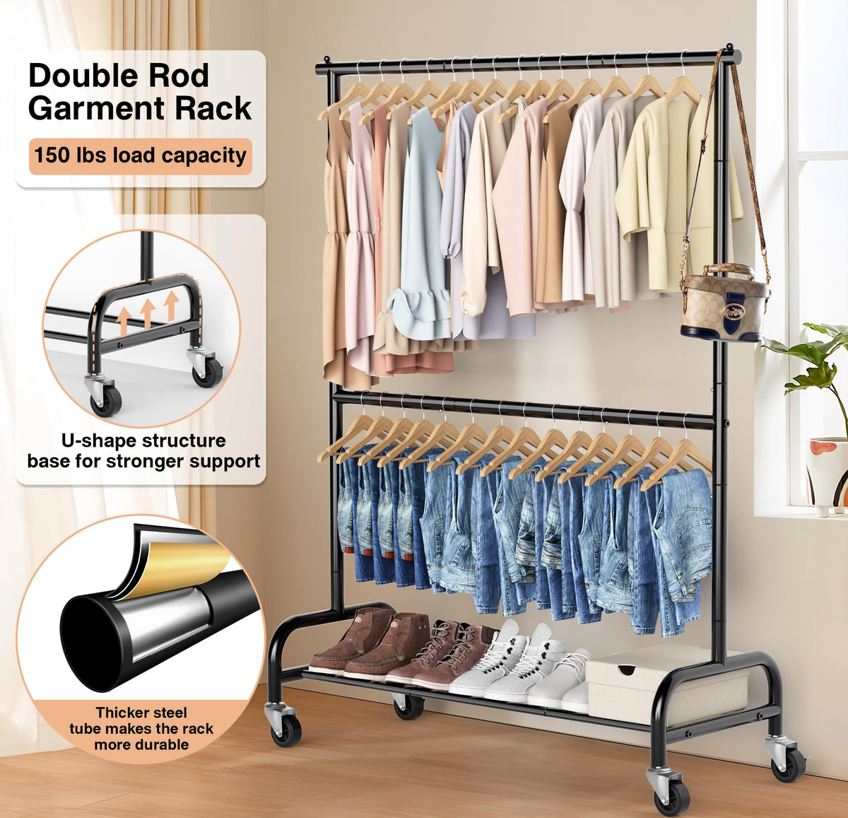 Misslo heavy-duty clothing rack side view showing tall profile for long garments
