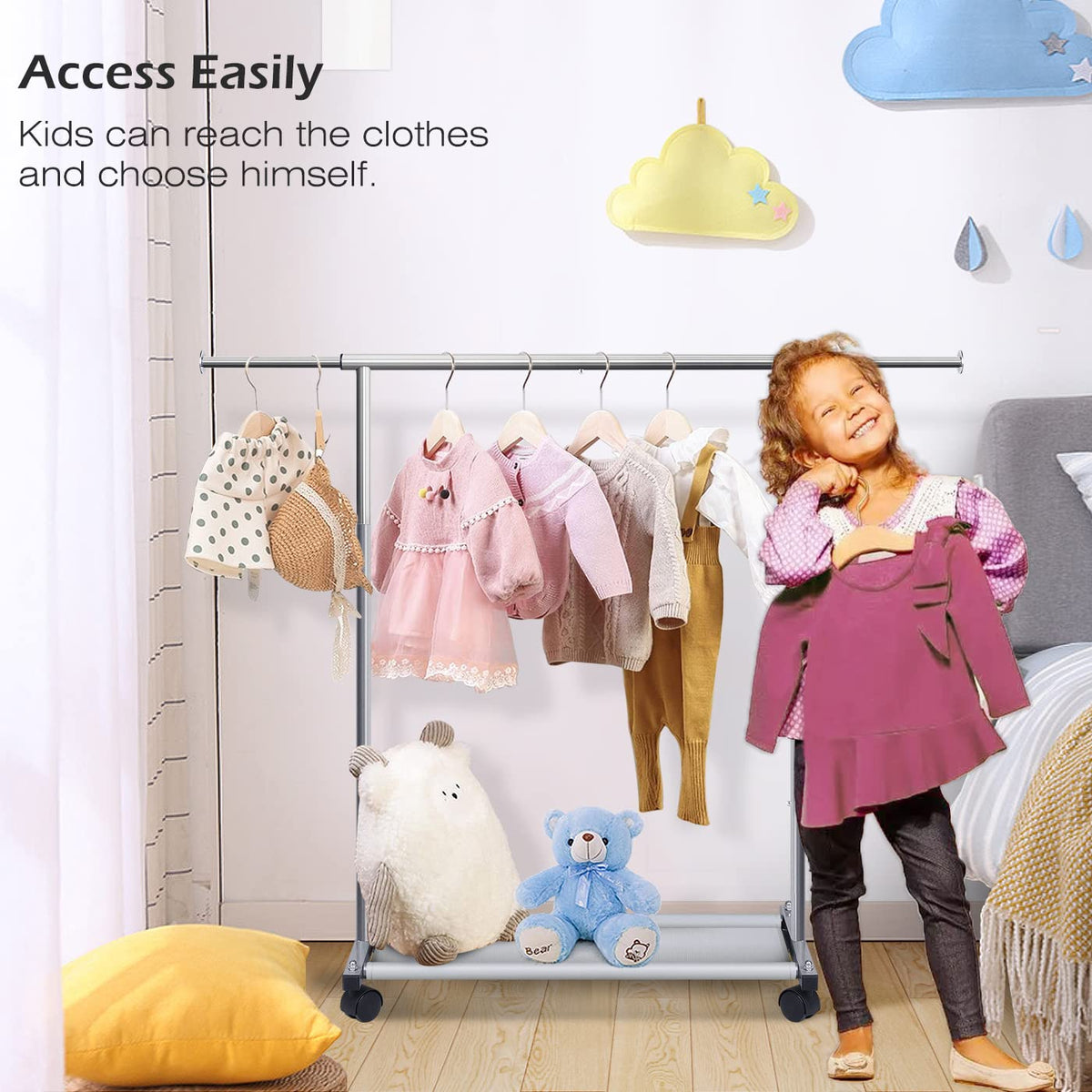 MISSLO heavy duty metal clothes rack stays stable when loaded with coats.