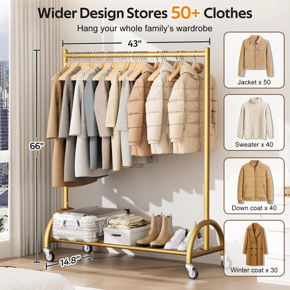 MISSLO rack wheels enable smooth, easy movement between rooms.