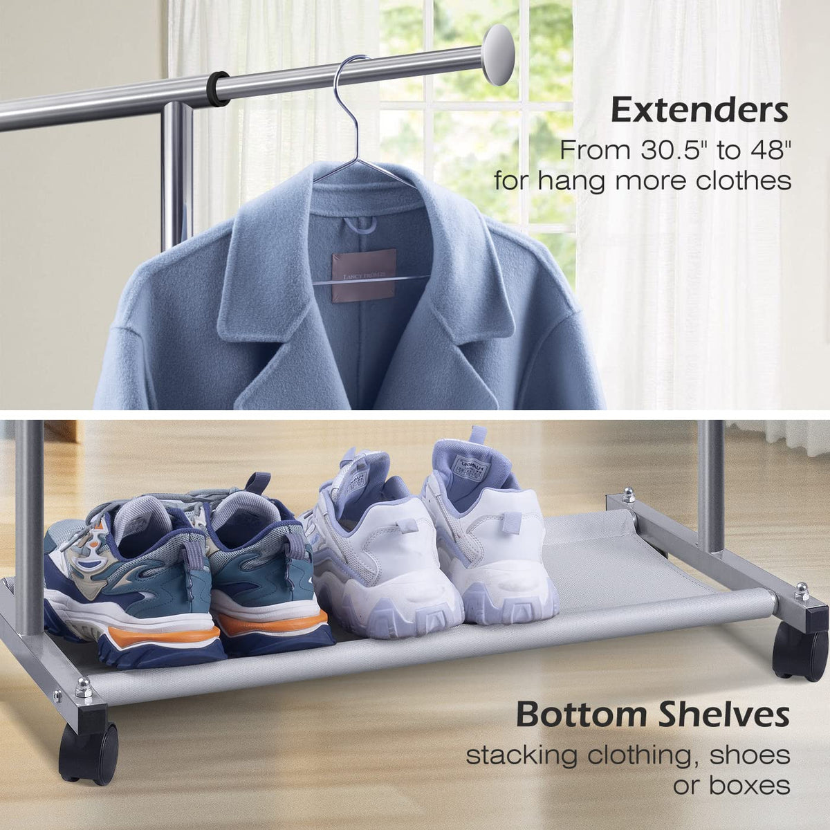 MISSLO portable garment rack with wheels moves easily between rooms.