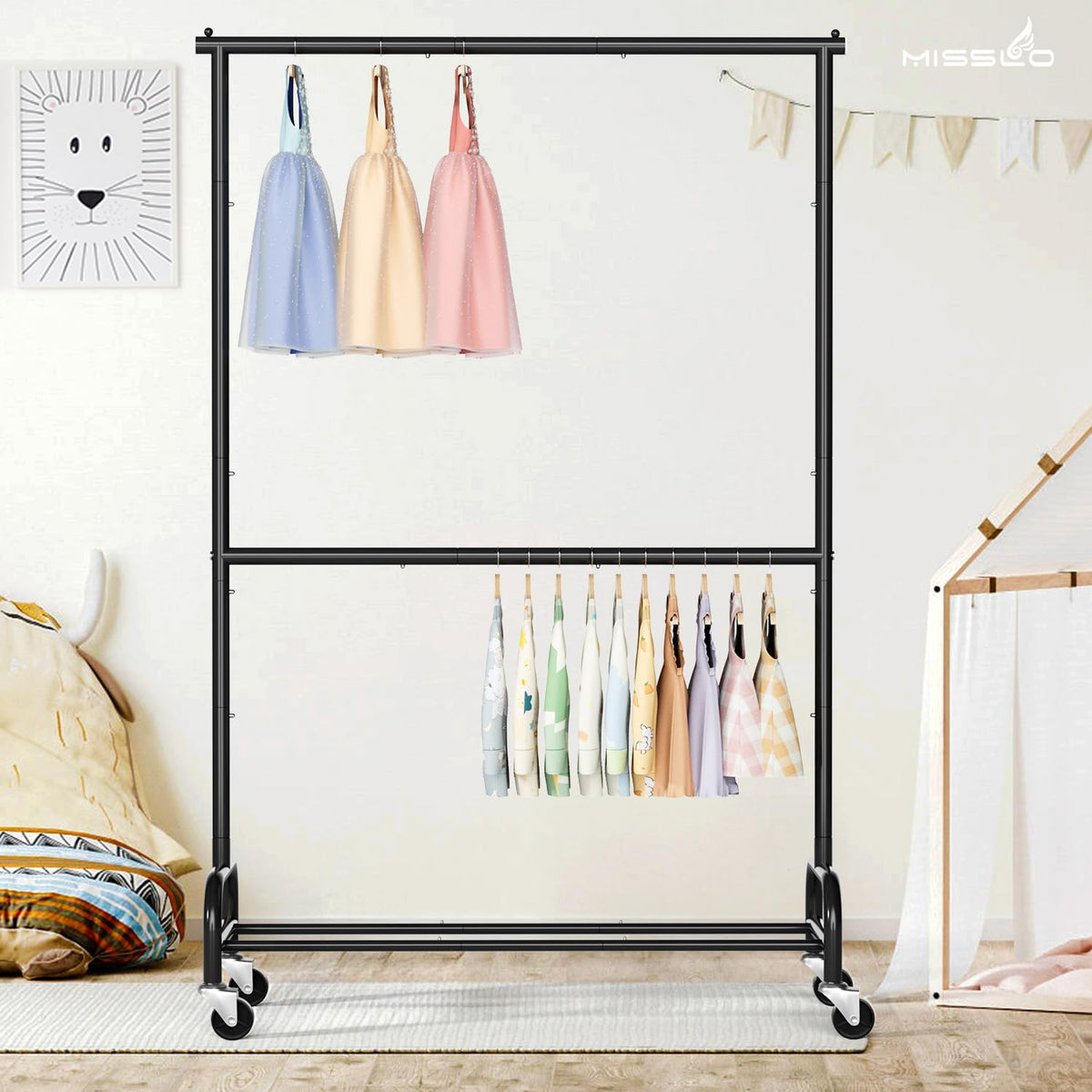 Misslo rolled wardrobe rack on wheels ideal for apartment storage