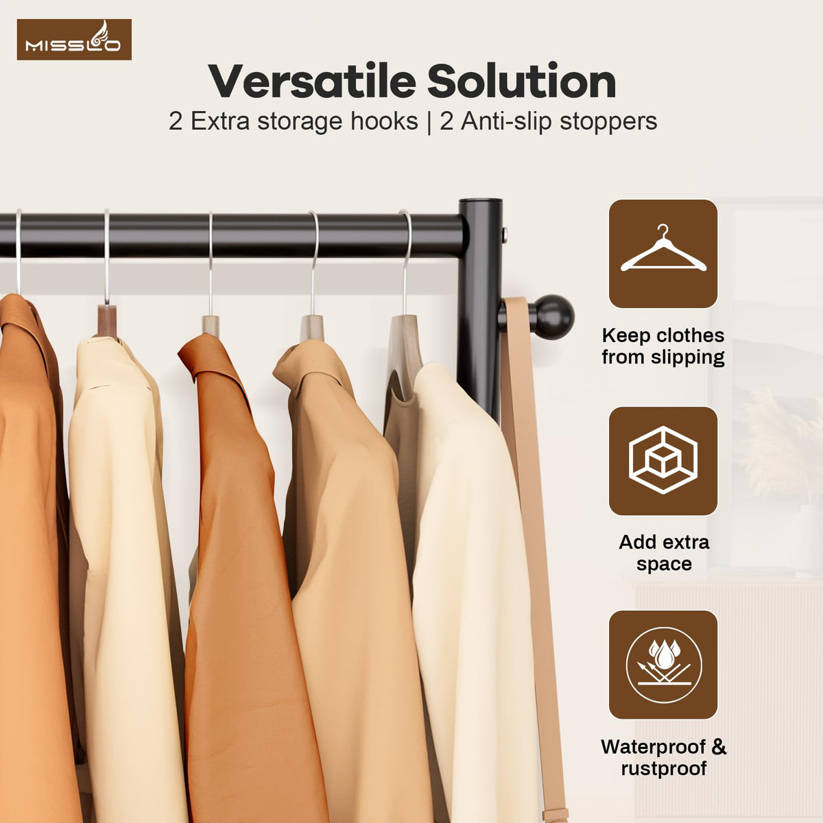 MISSLO rolling rack moves smoothly, ideal for laundry day and hallway storage.