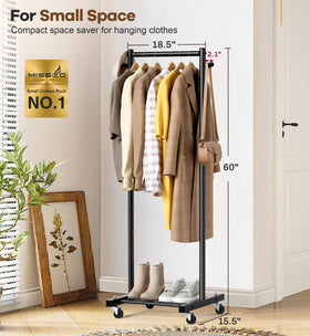 MISSLO rolling wardrobe rack with wheels, close-up on smooth, floor-friendly glides.