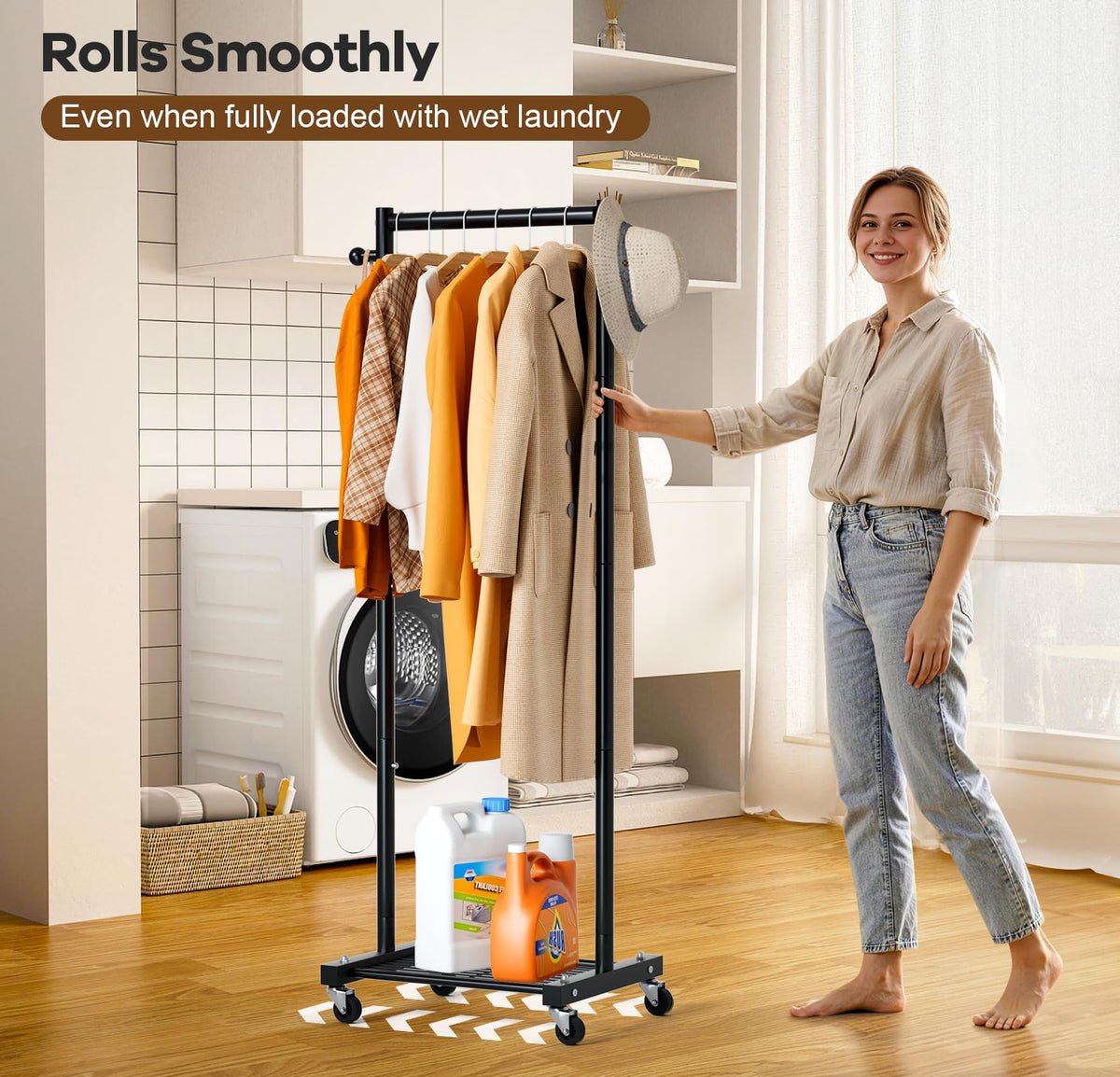 MISSLO small-space clothes rack in bedroom setup, ideal for apartments and closets.