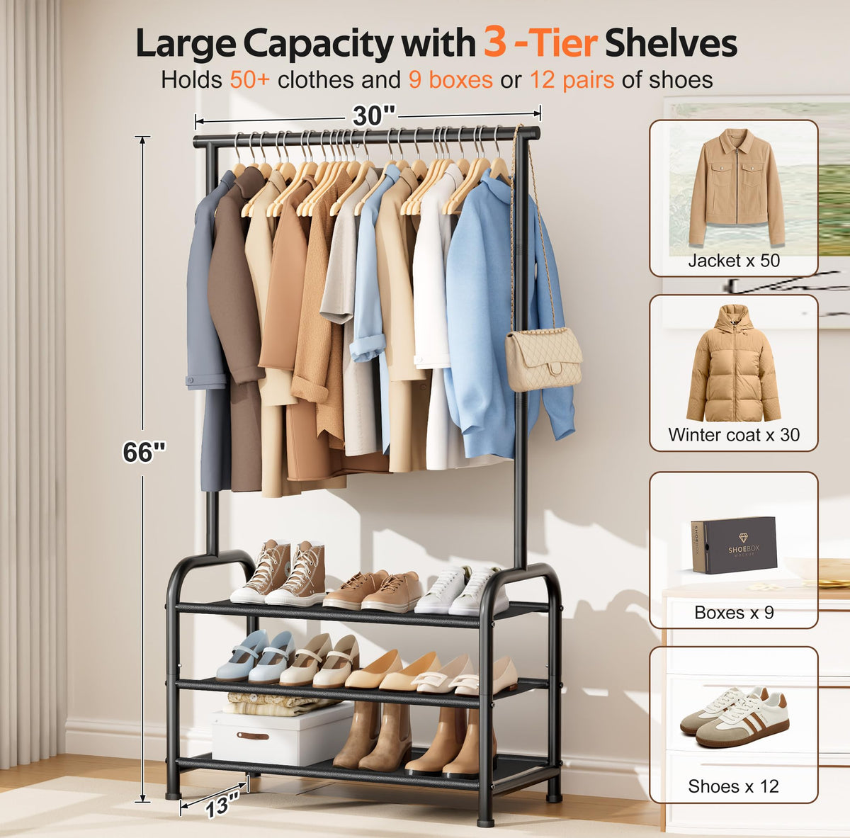 MISSLO sturdy clothing rack full view shows generous storage for coats and boxes