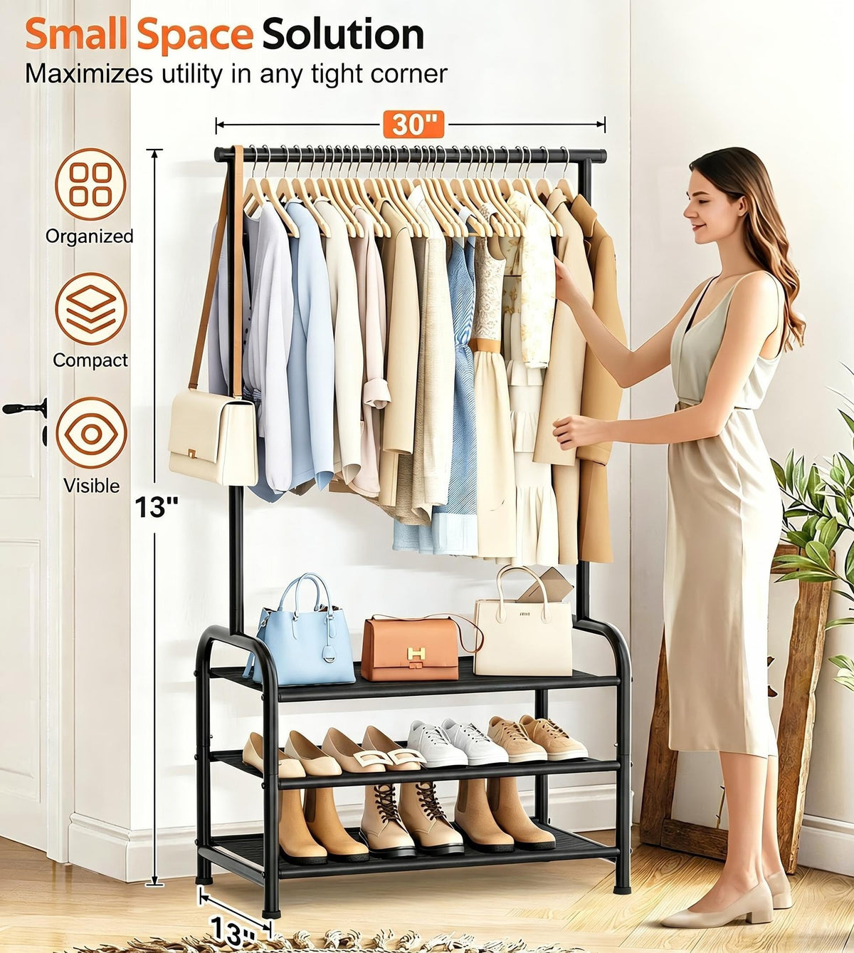 MISSLO clothing rack with shoe storage demonstrates organized entryway and easy access
