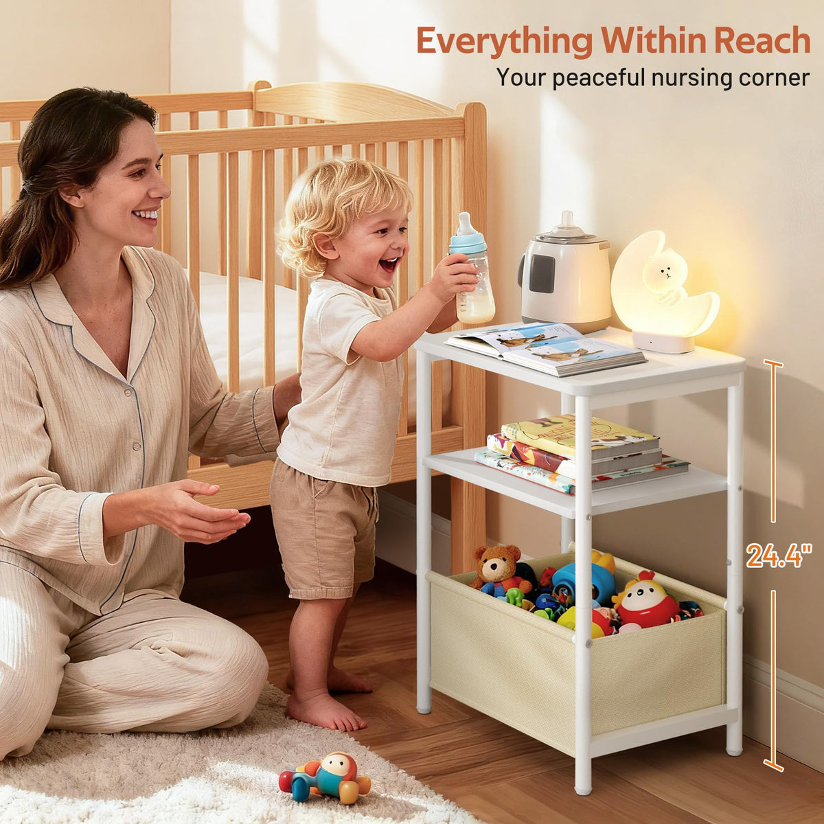 MISSLO Nightstand features rounded edges for safer toddler play.
