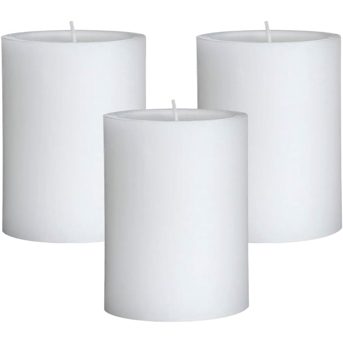 Mister Candle citronella pillar closeup showing the clean 3x4 inch white design.