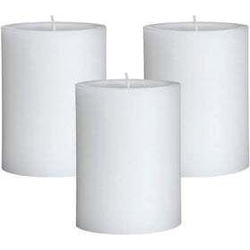 Mister Candle citronella pillar closeup showing the clean 3x4 inch white design.