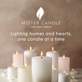 Mister Candle ivory pillar centerpiece elevates tables and events with understated elegance.