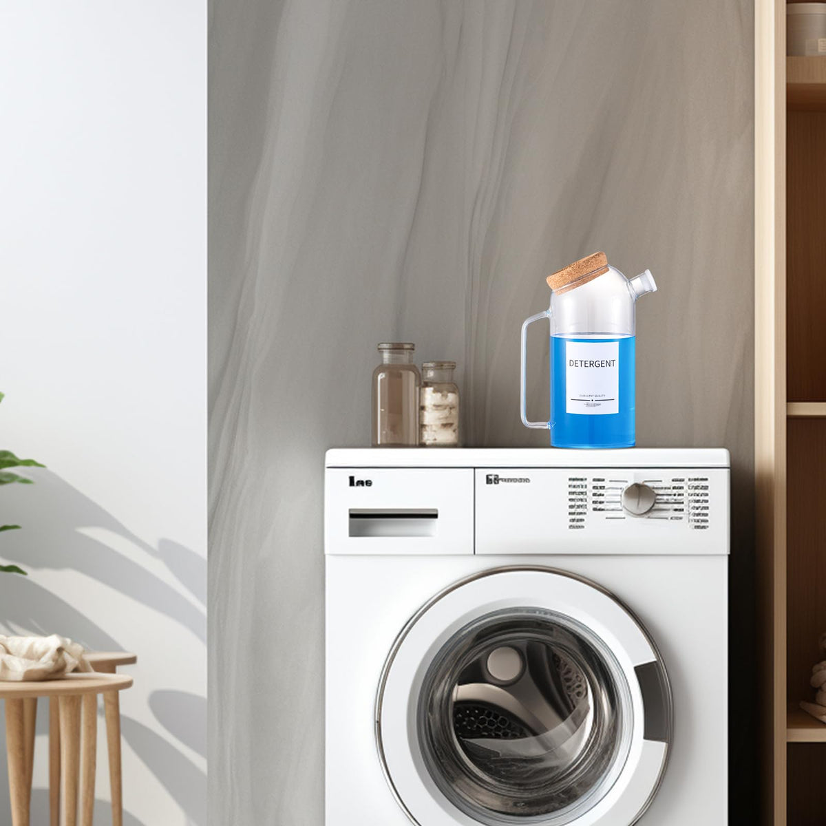 Multi-use glass storage for bleach, softener, and laundry pods