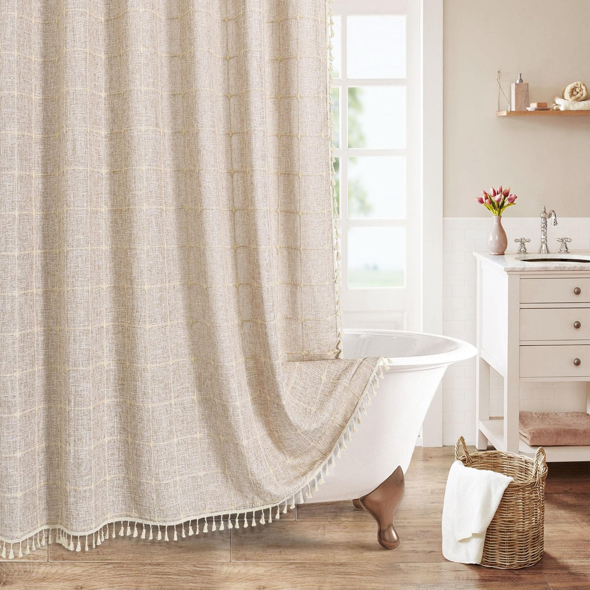 MitoVilla Boho Farmhouse curtain tan fabric texture enhances cozy bathroom vibe.