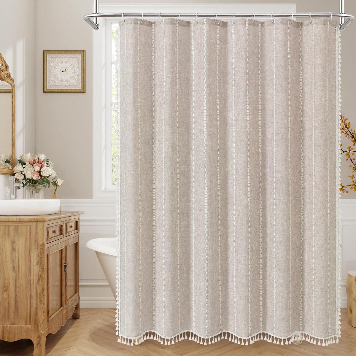 MitoVilla fabric texture close-up shows 310 GSM linen-poly blend for durable drape