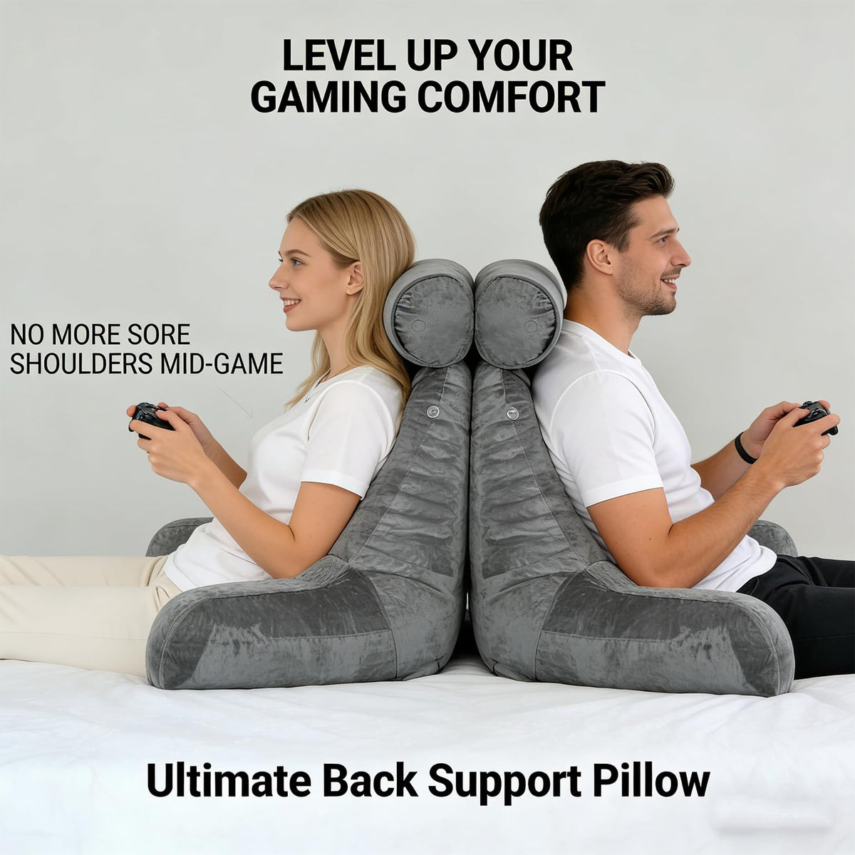 Mittagong reading pillow in bed setup to support posture while reading.