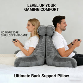 Mittagong reading pillow in bed setup to support posture while reading.