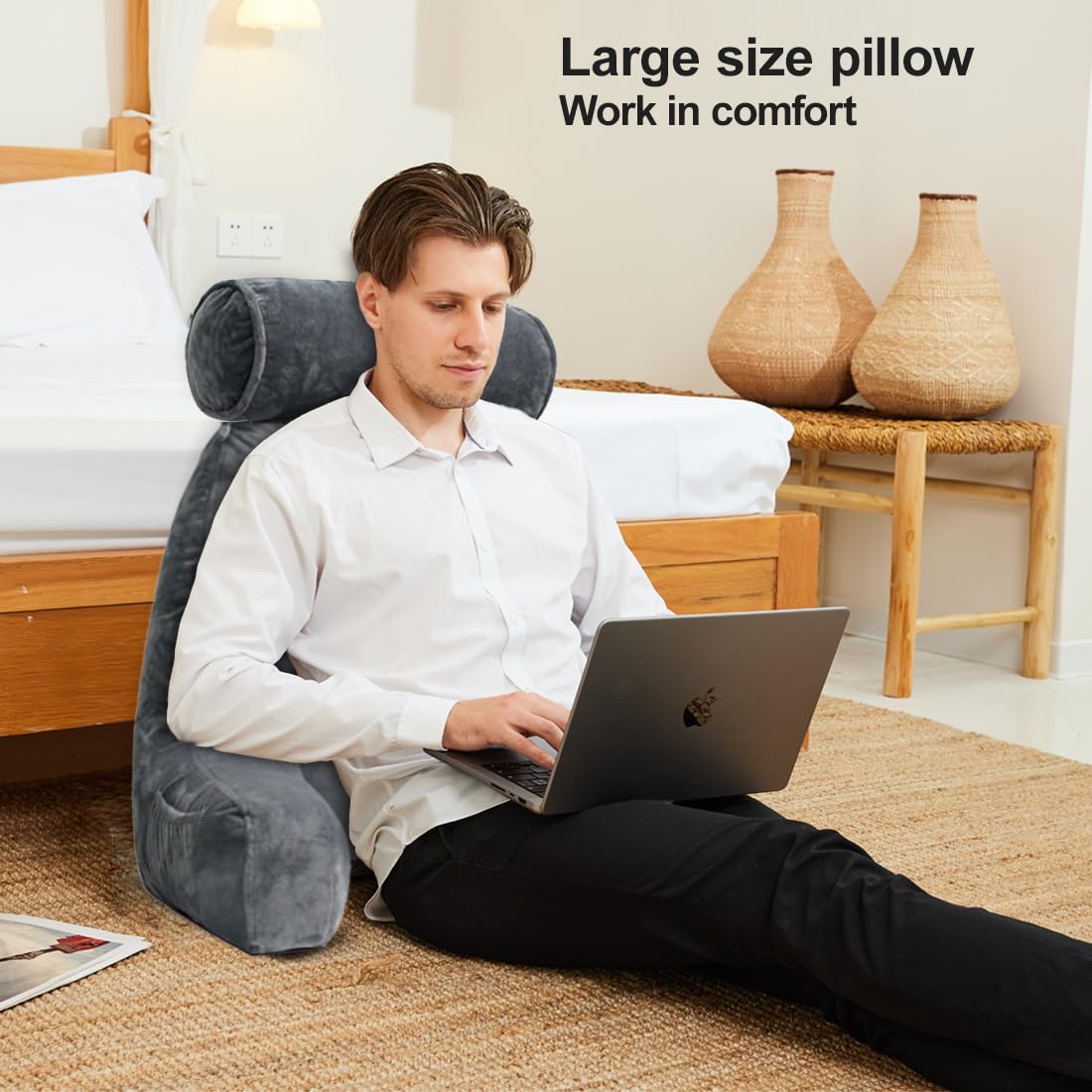 Mittagong reading pillow with side pocket for glasses, remote, and phone.