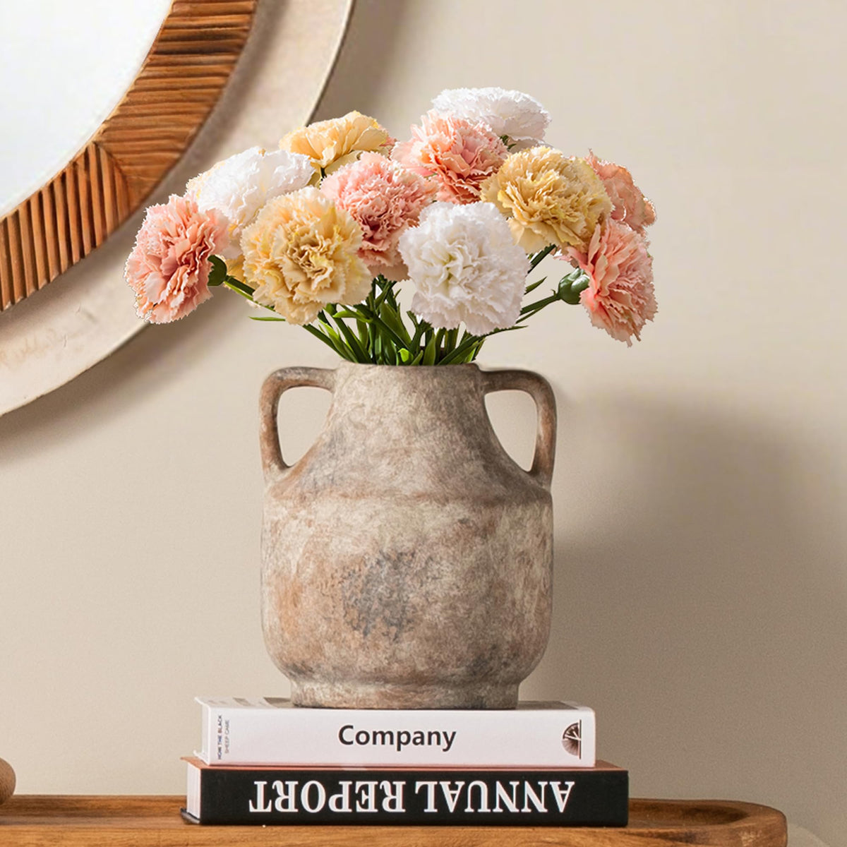 Mitt&Ditt ceramic vase with handles, 8in, ideal as tabletop centerpiece for artificial blooms