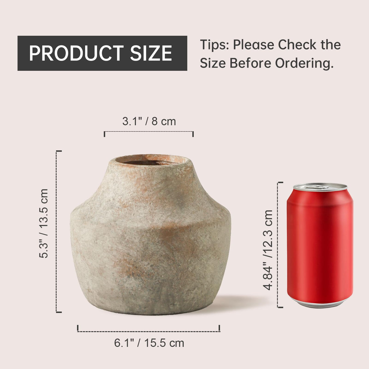 Mitt&Ditt weathered vase exterior side view enhances rustic living room decor.