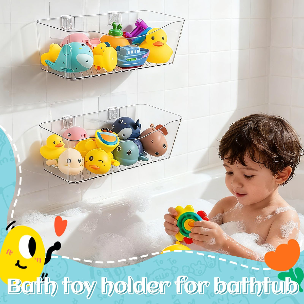 MIUKAA fast-drain bath toy basket promotes faster drying and tidy shelves.