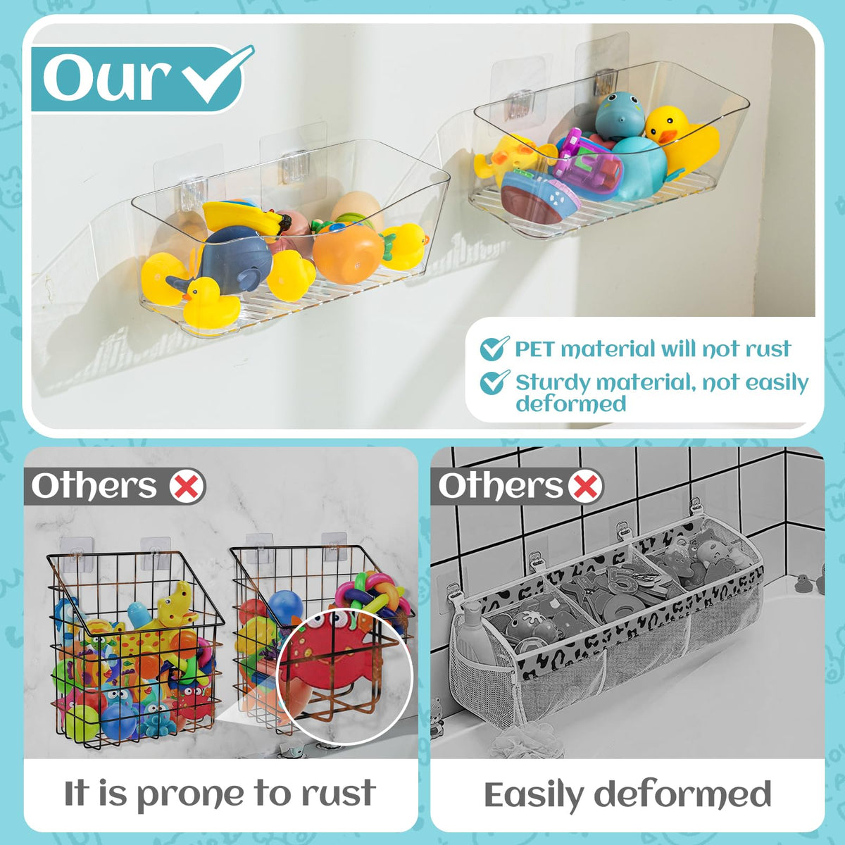 MIUKAA multi-functional organizer serves bath toys, shampoo, and sponges.