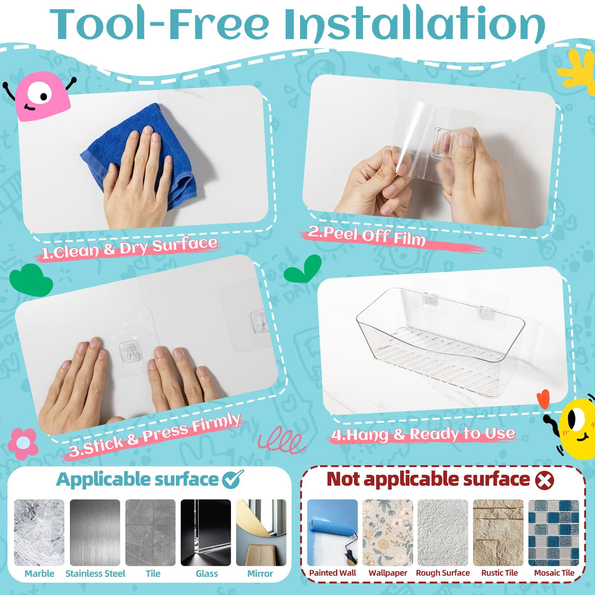 MIUKAA no-drill solution keeps your bathroom organized with secure mounting.