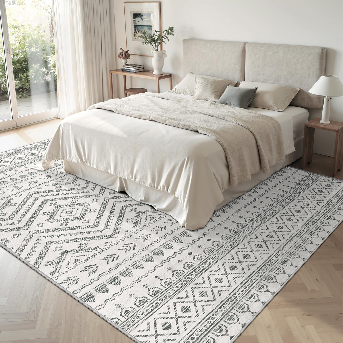 Miukiki bedroom rug provides cozy underfoot feel in calm retreat spaces.