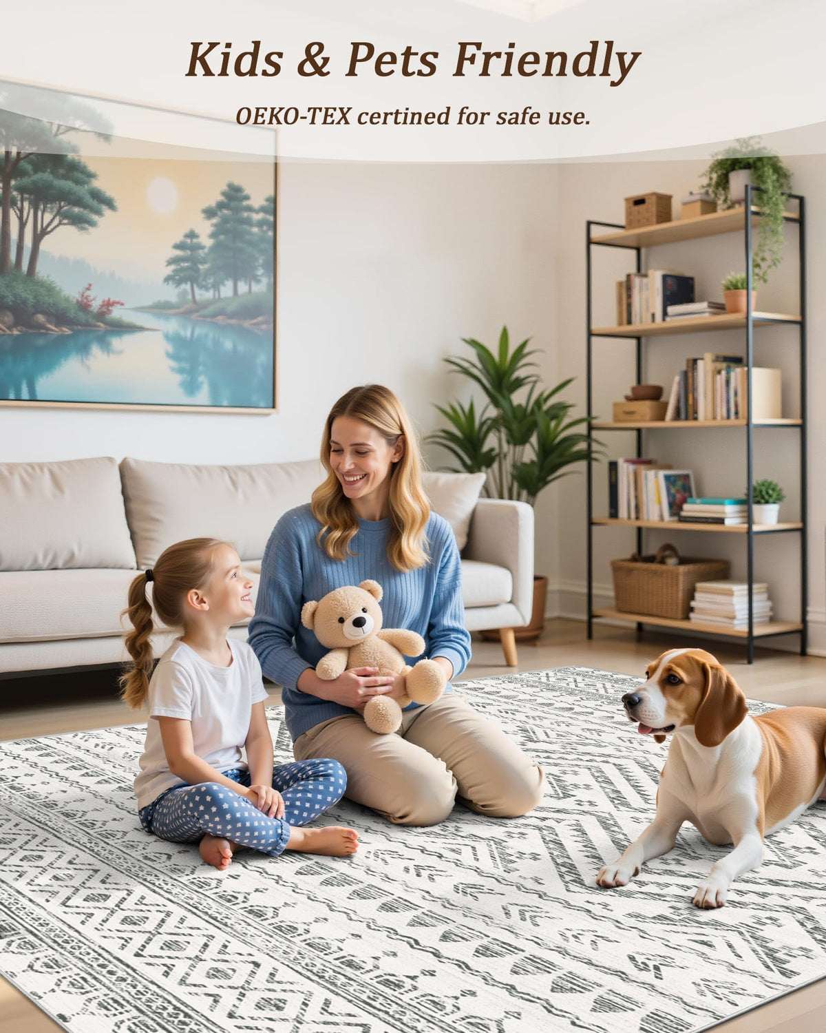Miukiki grey living room rug complements modern decor and hides footprints.