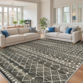 Miukiki 8x10 area rug with Moroccan pattern enhances living room style and defines seating areas.