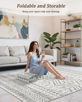 Miukiki grey rug shown in a dining and living room setup