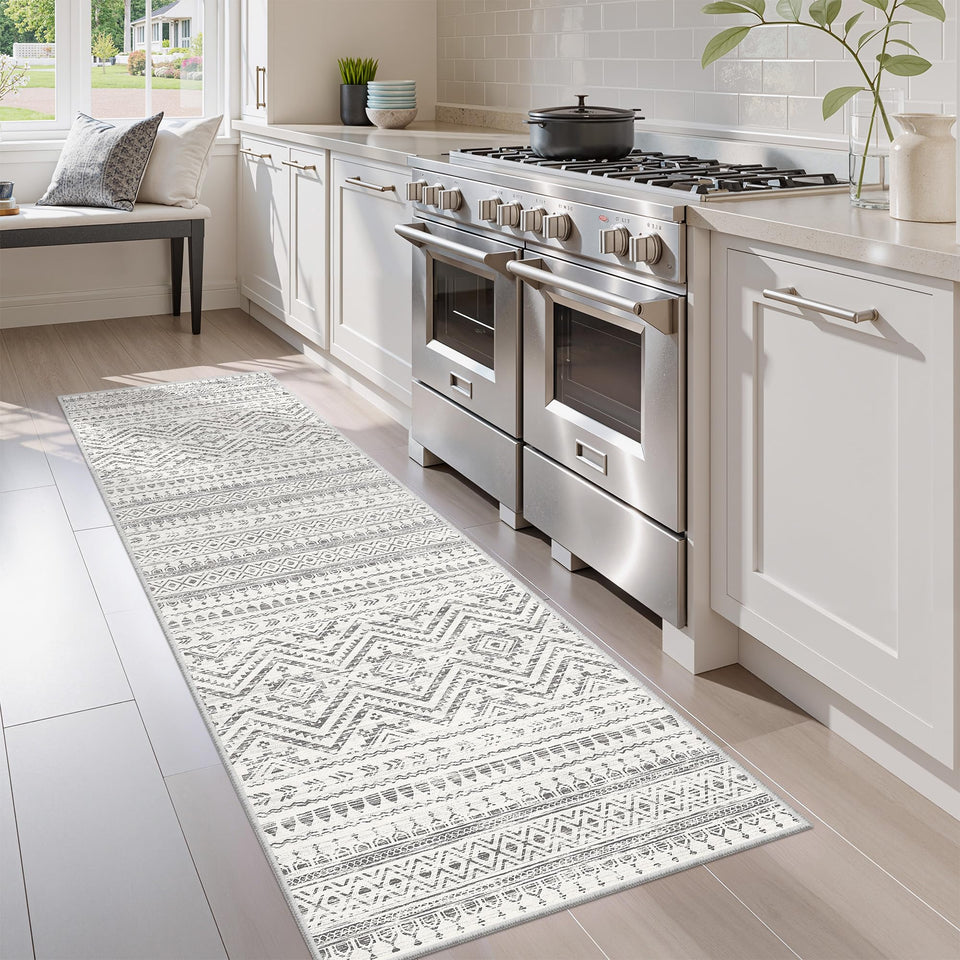 Miukiki Moroccan runner in grey 2x6 enhances hallway decor with durable finish.