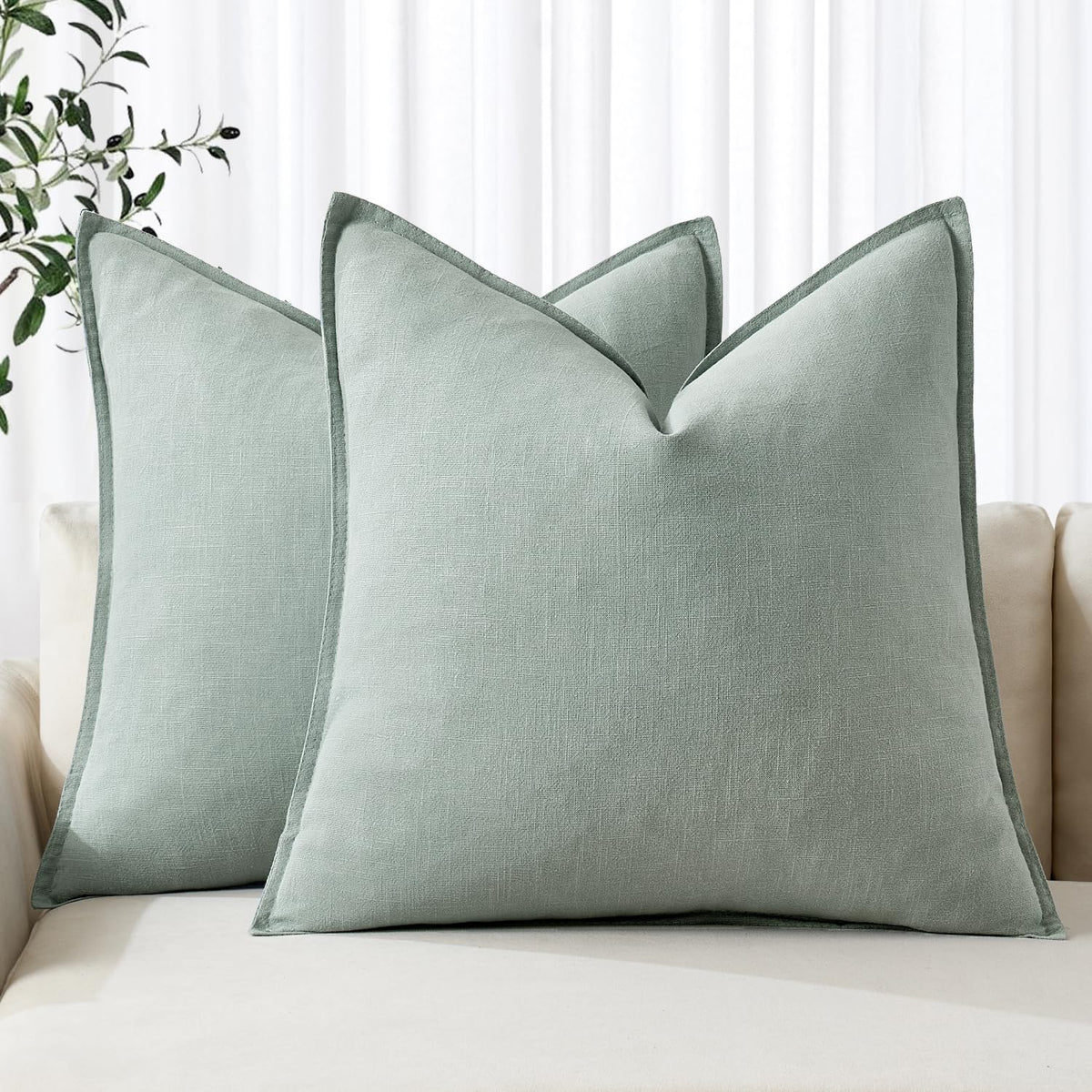 MIULEE aqua green boho linen pillow cover 24x24 for breathable, cozy living room decor