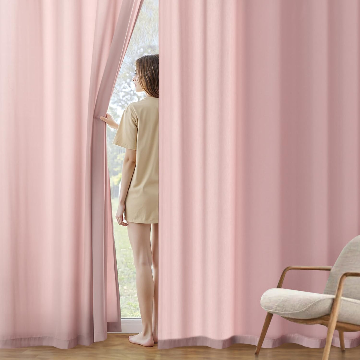 MIULEE baby pink privacy curtain panel offers soft drape and diffused light.