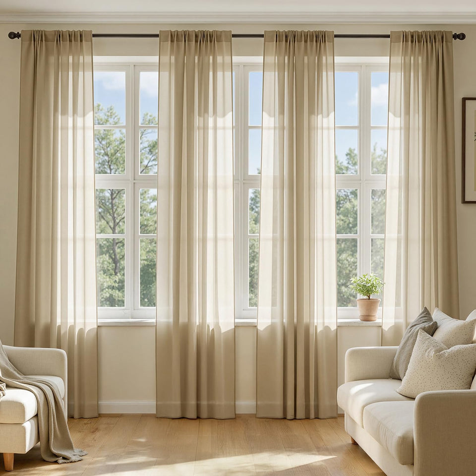 MIULEE beige sheer curtains rod-pocket close-up showing light filtering