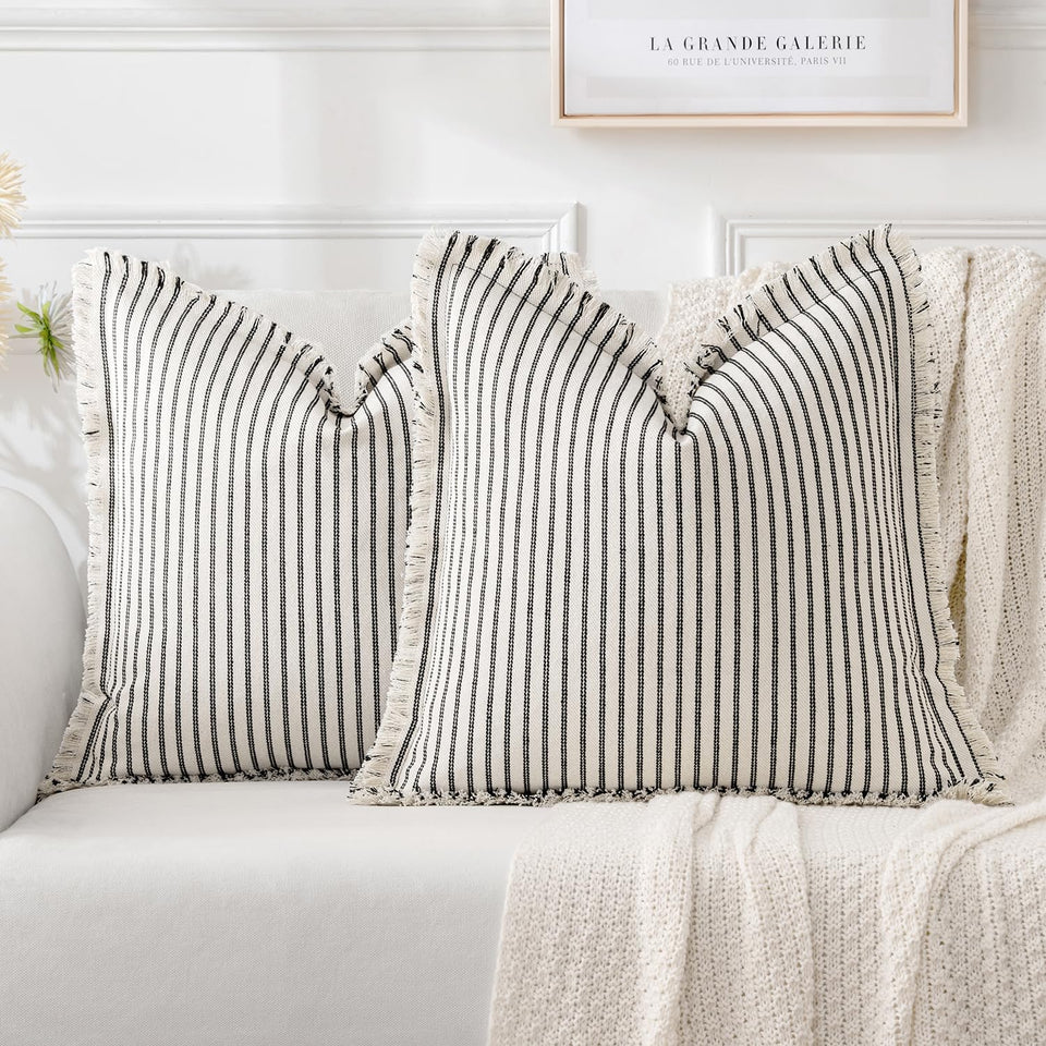 MIULEE black striped pillow cover fringe close-up for cozy farmhouse decor