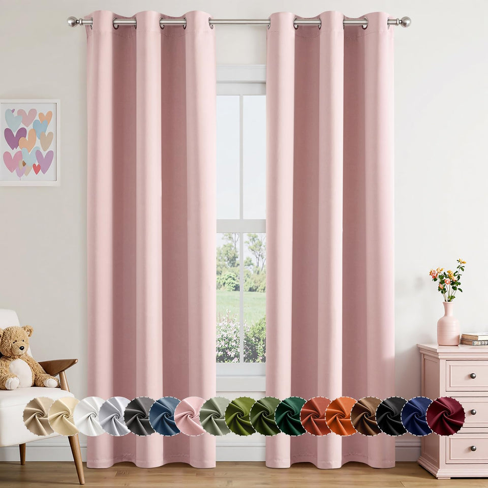 MIULEE baby pink blackout curtains close-up show soft weave and elegant color, ideal for bedrooms.