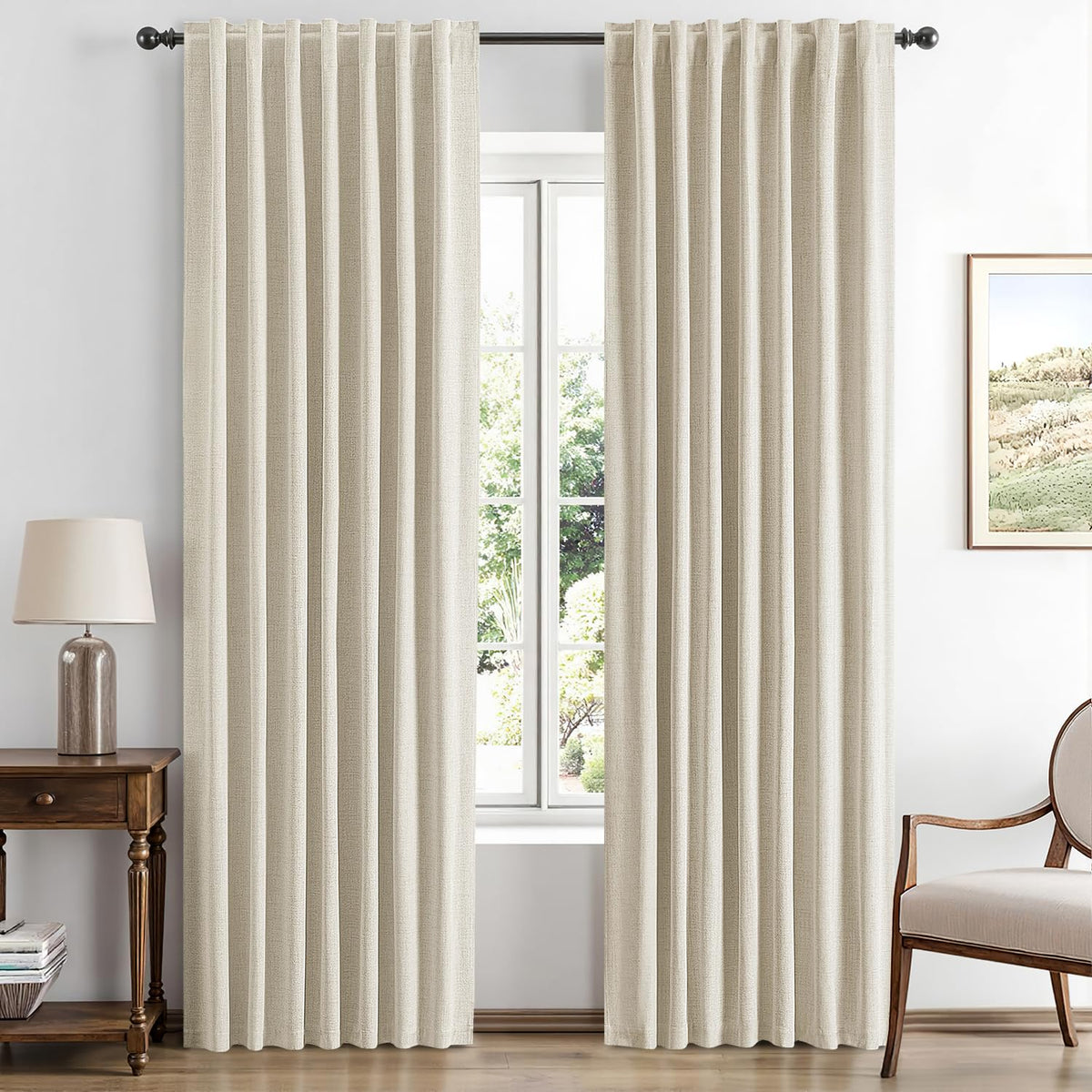 MIULEE cream blackout curtains show plush faux linen texture for privacy and light control.