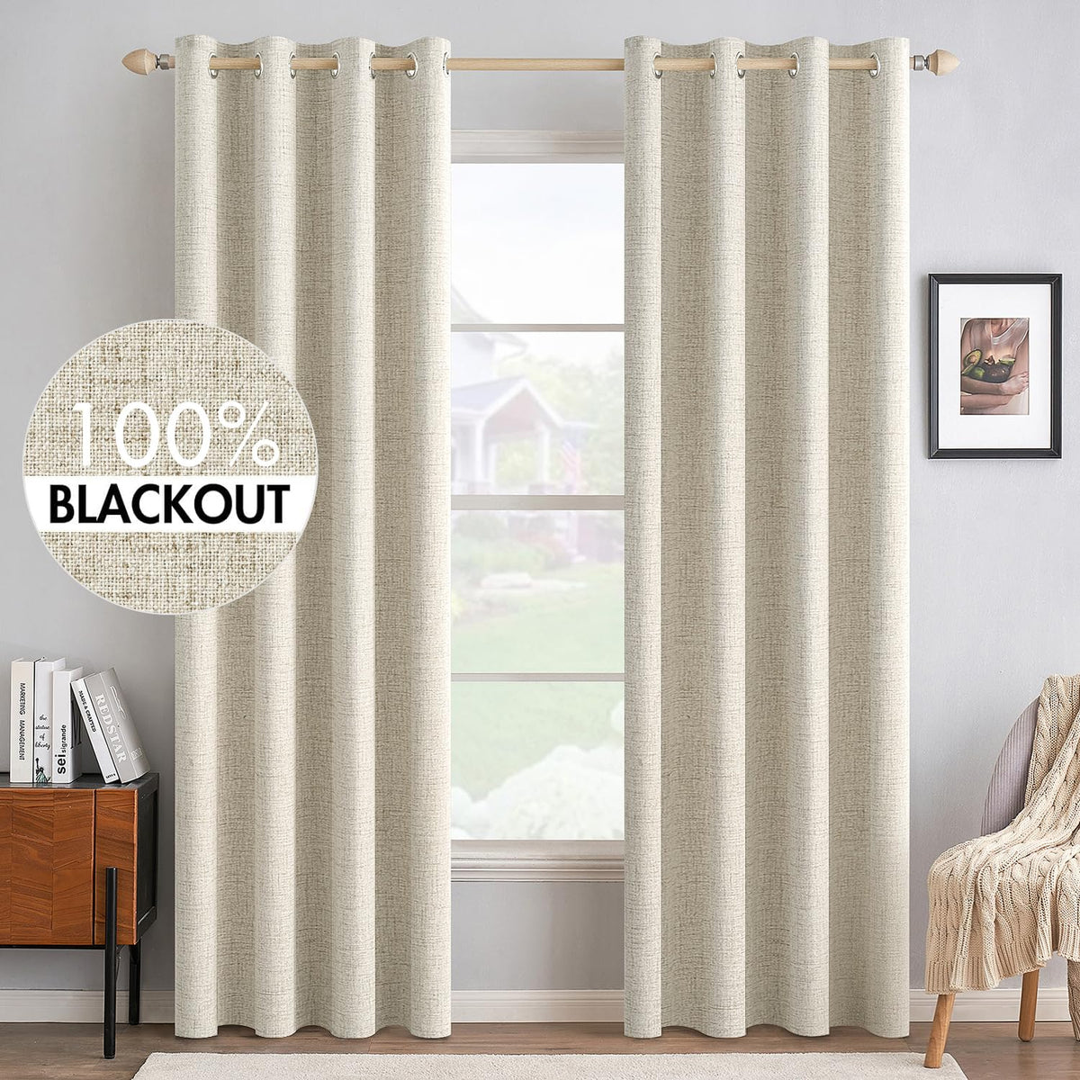 MIULEE blackout curtains with textured faux linen in cream provide enhanced light control for bedrooms.