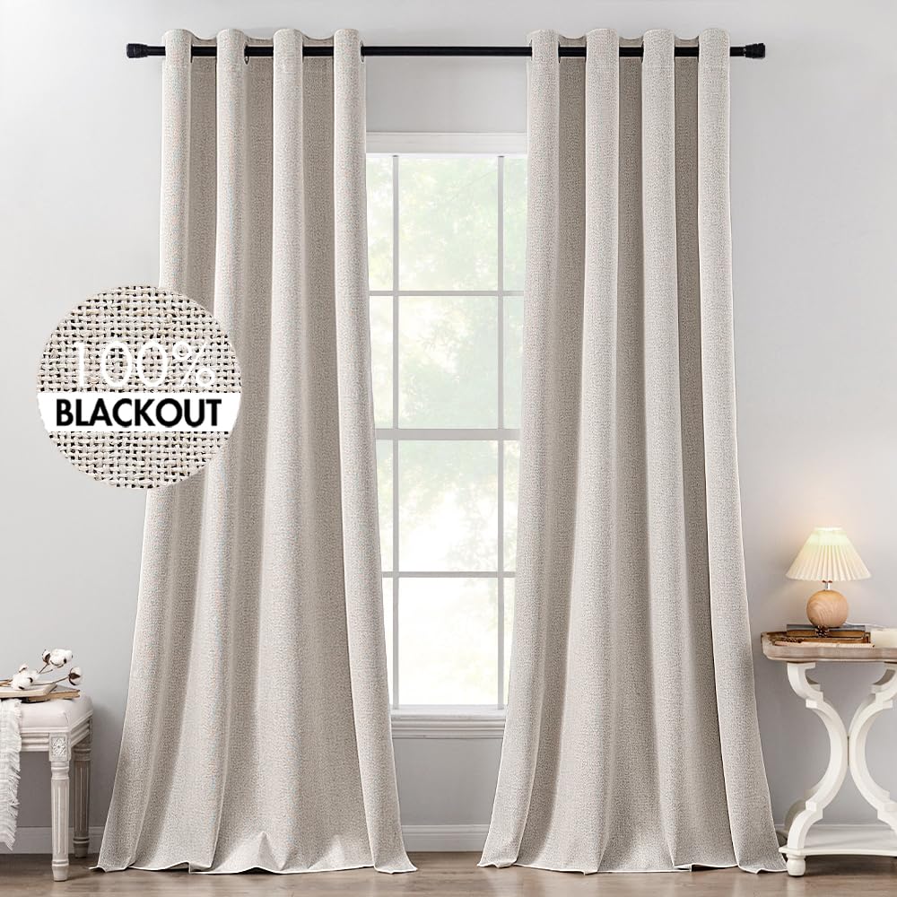 MIULEE blackout curtains in ivory linen texture with soft drape for luxury look.