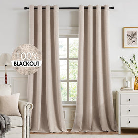 MIULEE blackout curtains in linen texture with close-up weave showing premium fabric and blackout capability.