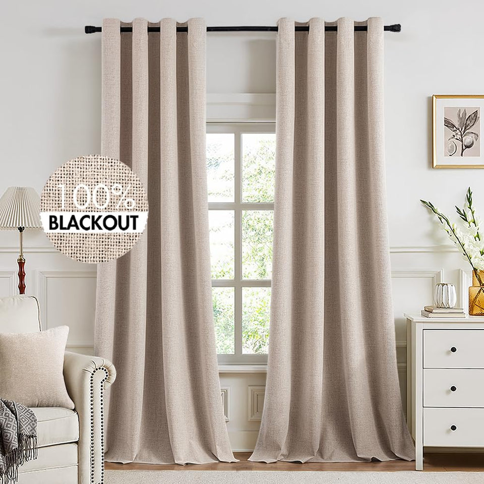 MIULEE blackout curtains in linen texture with close-up weave showing premium fabric and blackout capability.