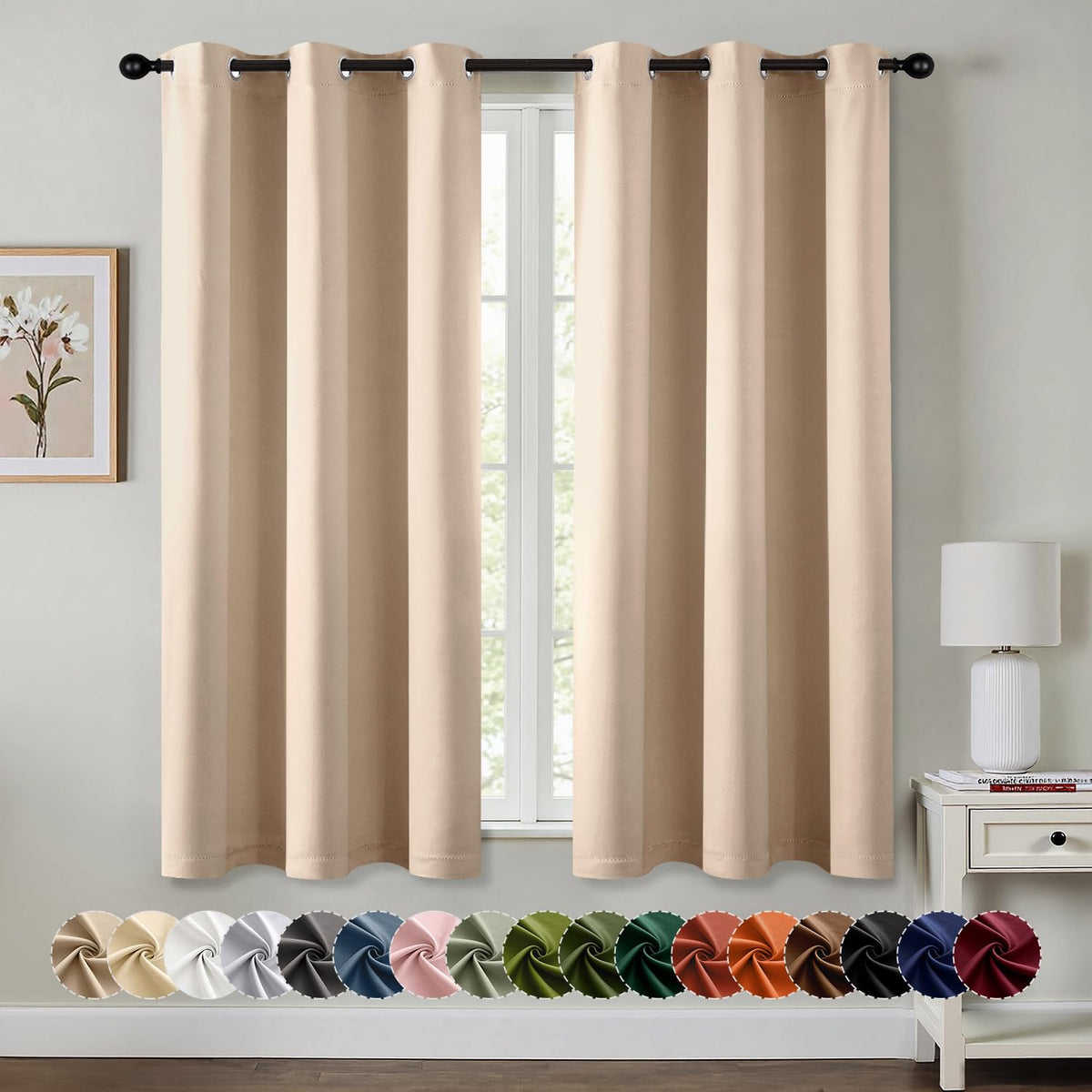 MIULEE blackout curtains panel closeup beige with grommets for easy hanging.