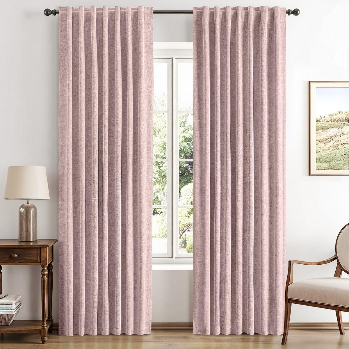 MIULEE pink linen blackout curtains, two-panel setup for full room darkening.