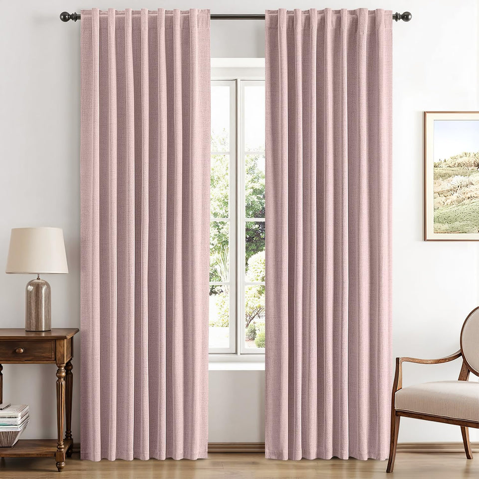 MIULEE pink linen blackout curtains, two-panel setup for full room darkening.