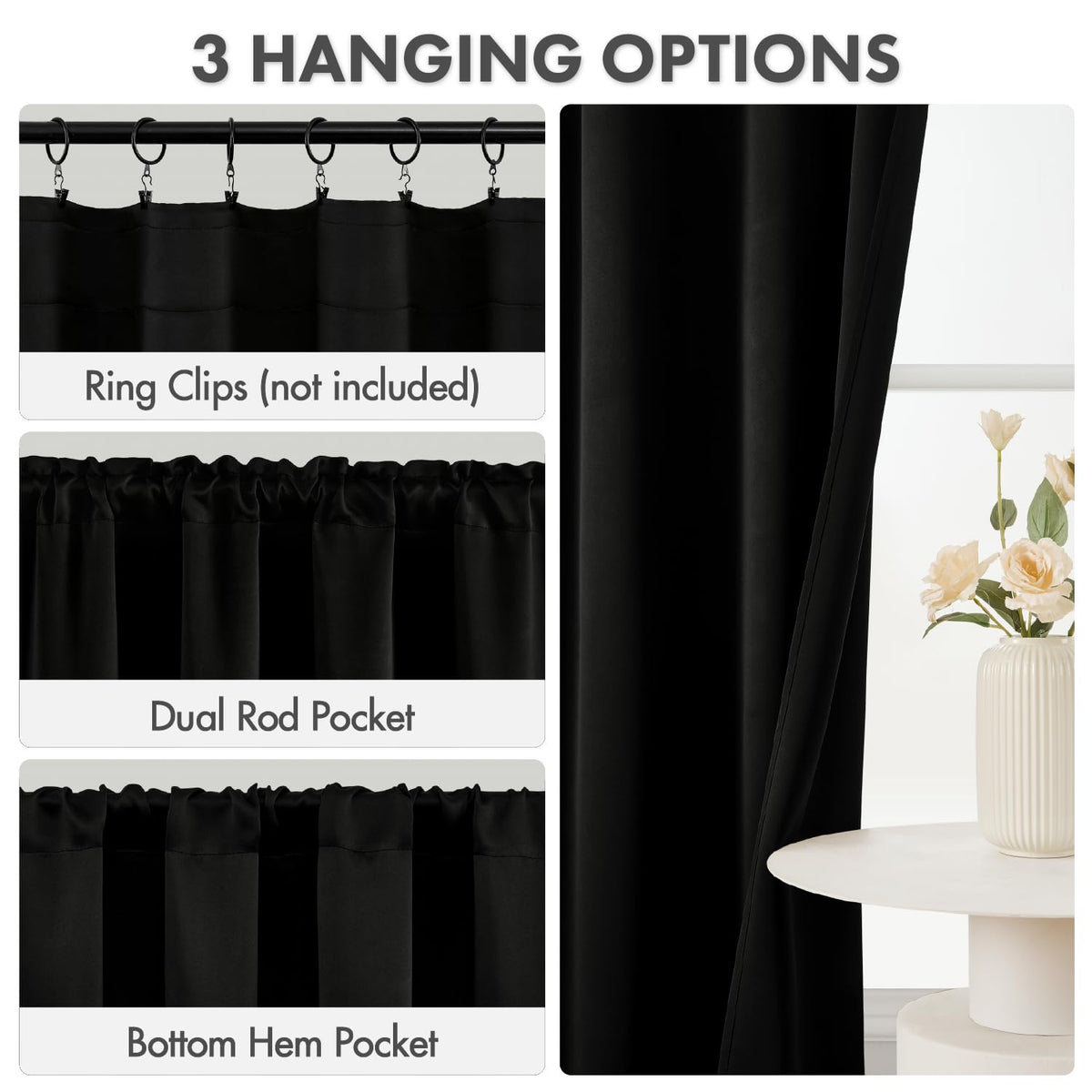 MIULEE blackout curtains with ruffled header create a soft layered look.
