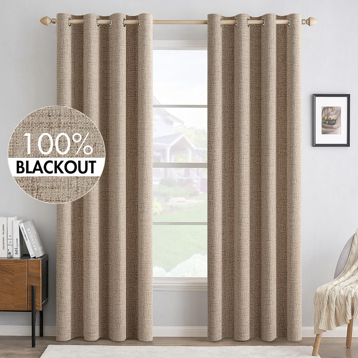 MIULEE blackout curtains with thermal insulation in copper brown provide deeper daytime shade.