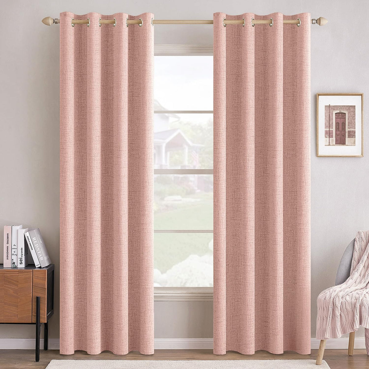 MIULEE blackout linen curtains front view in blush pink provide private, darkened sleep space.