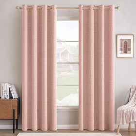 MIULEE blackout linen curtains front view in blush pink provide private, darkened sleep space.