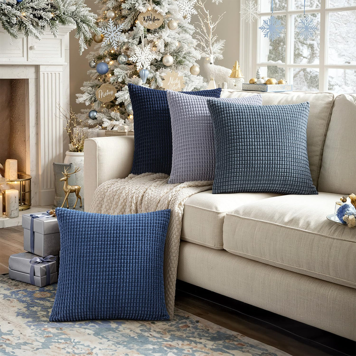 MIULEE blue pillow cover on chair demonstrates coastal-meets-farmhouse style versatility.