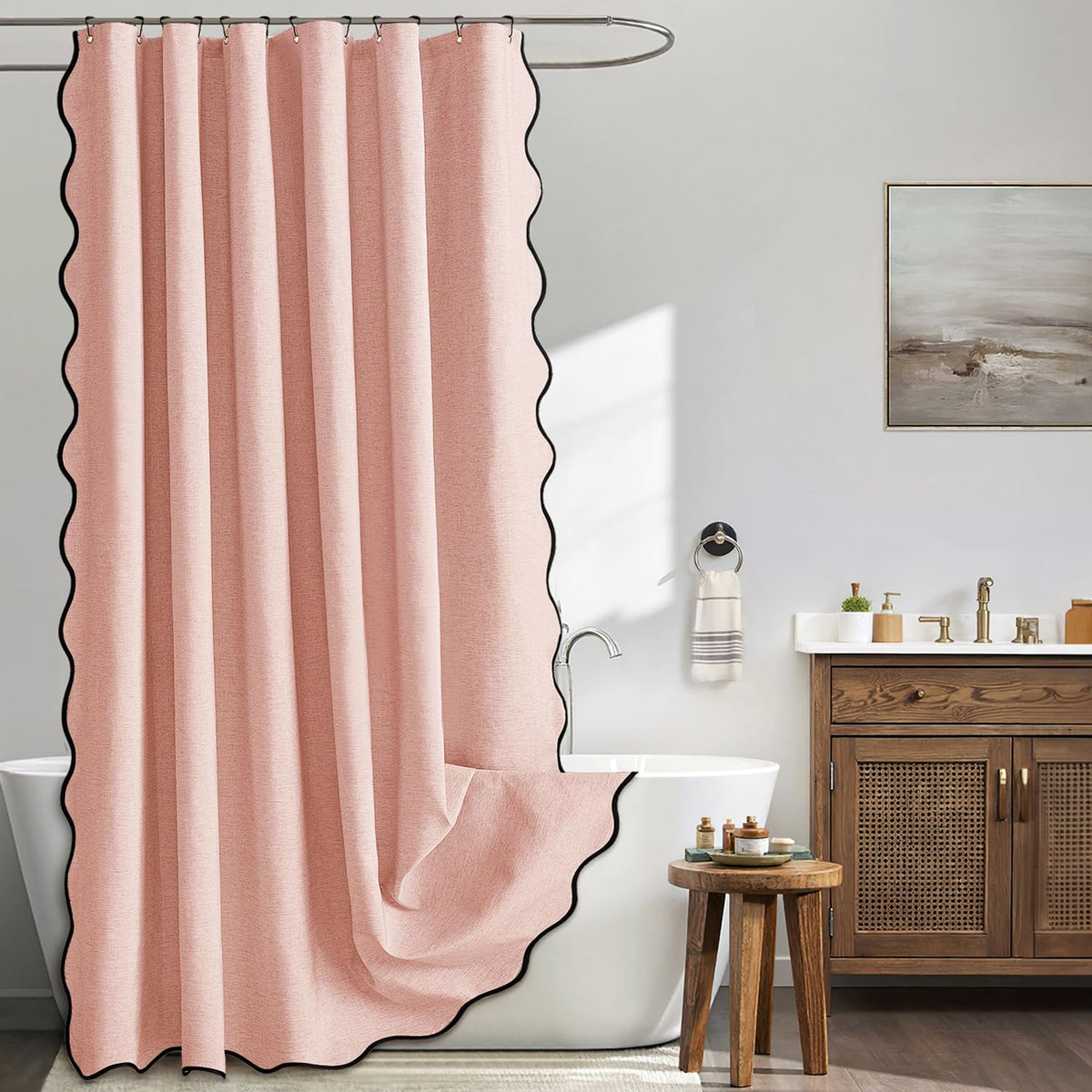 MIULEE blush pink scalloped shower curtain showing soft faux linen texture for a cozy bathroom vibe